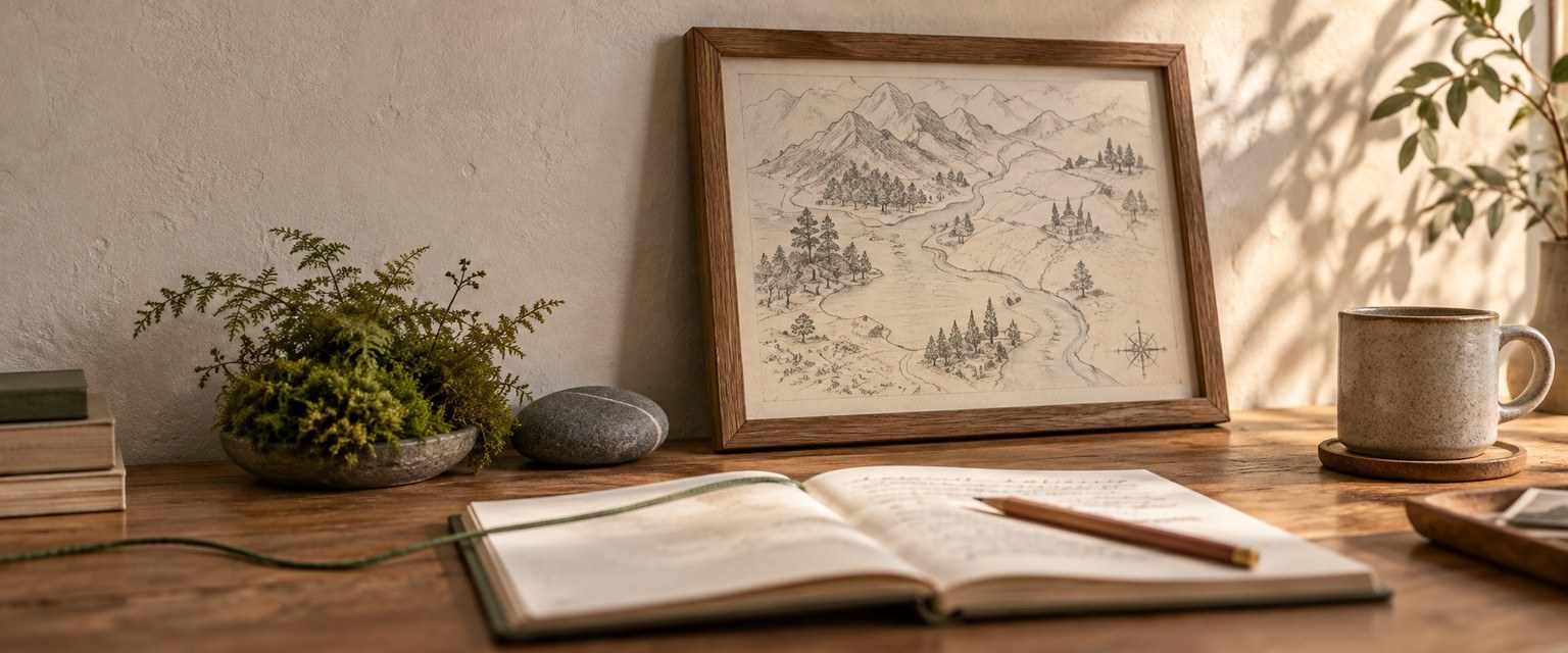 A wooden desk in window light: a framed hand-drawn map, an open notebook, moss, a river stone, a mug, and one green thread leading off the edge